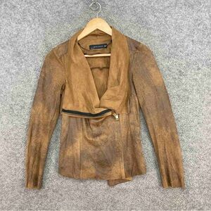 Zara Tan Leather Jacket with Asymmetric Zip XS